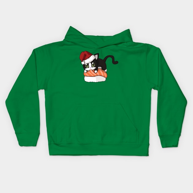 Tuxedo Cat Salmon Sushi Christmas Kids Hoodie by Myanko